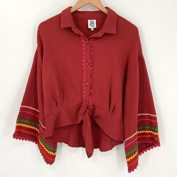 Ivy Jane Gauze Tie Front Bell Sleeve Top Button Front Chevron Terra Cotta Medium - Picture 1 of 10